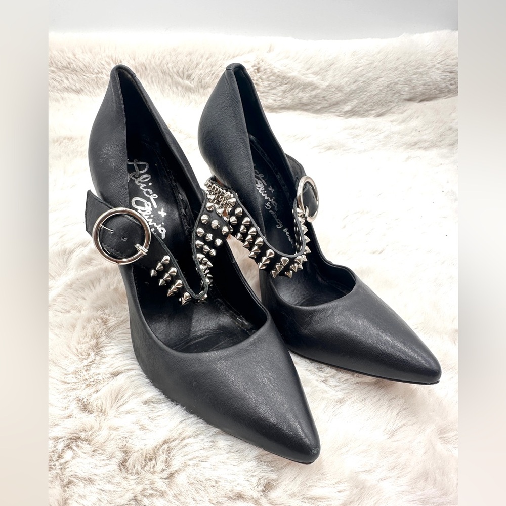 Alice + Olivia studded Dover moto Heels‎ studs buckle 37 US 7 black leather